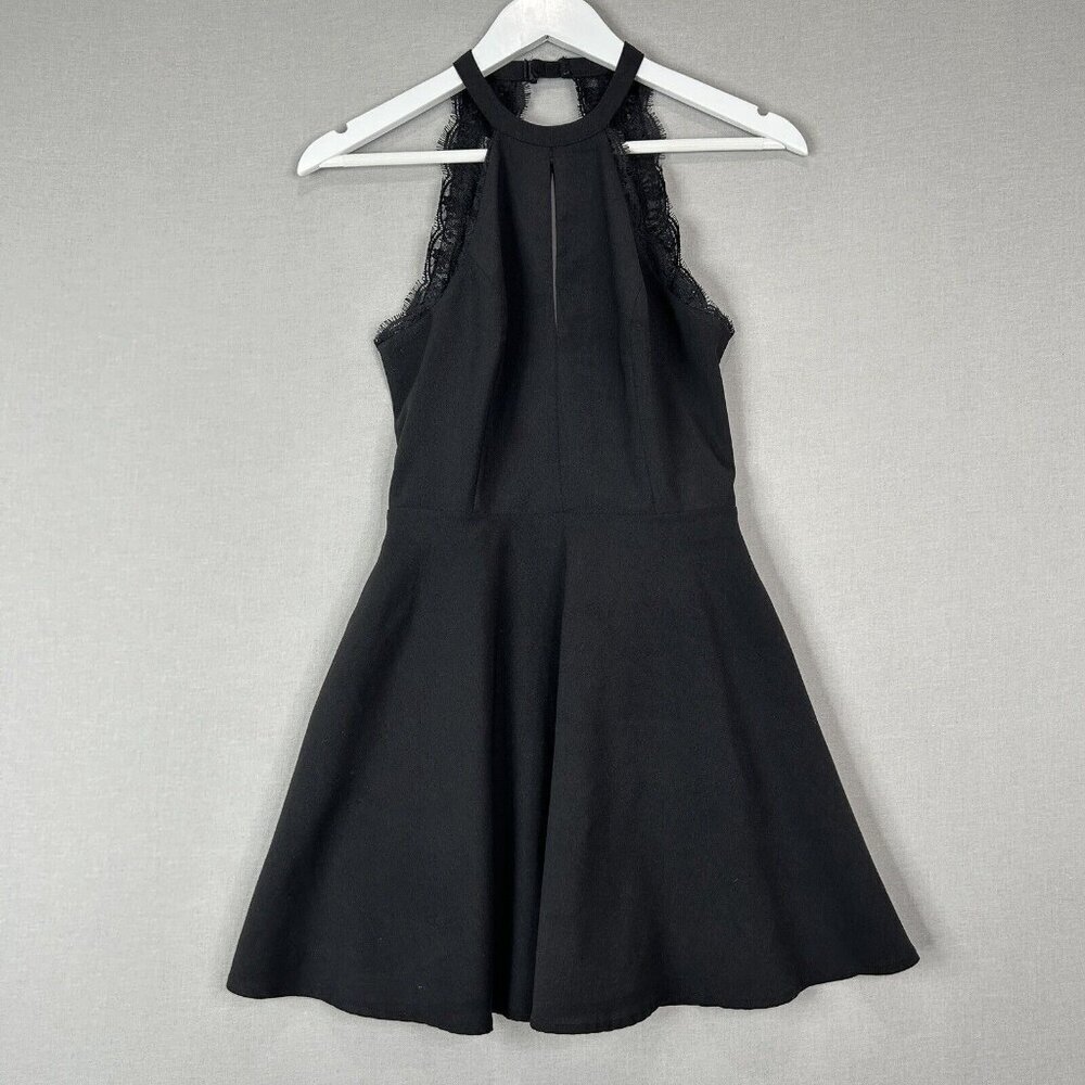 NBD Womens Dress Extra Small Black Lace Trim Open Back Fit Flare Halter Cocktail